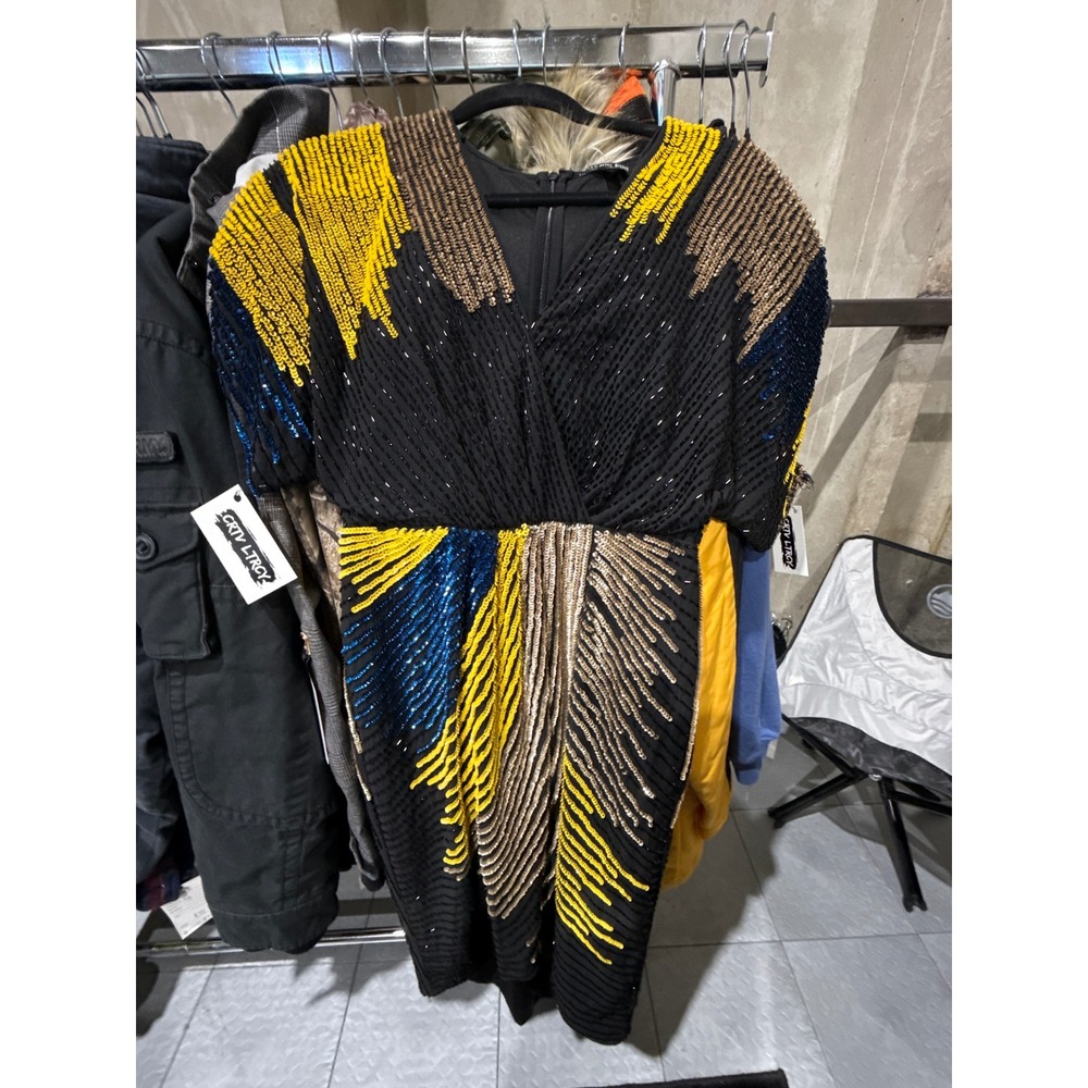 Gianni Bini Sequin Beaded Wrap V-Neck Cocktail Dress Black Yellow Blue Gold Sz 2